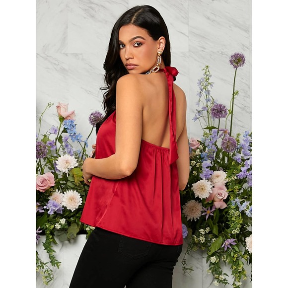 Maternity Tie Backless Halter Top Satin red - Picture 2 of 6
